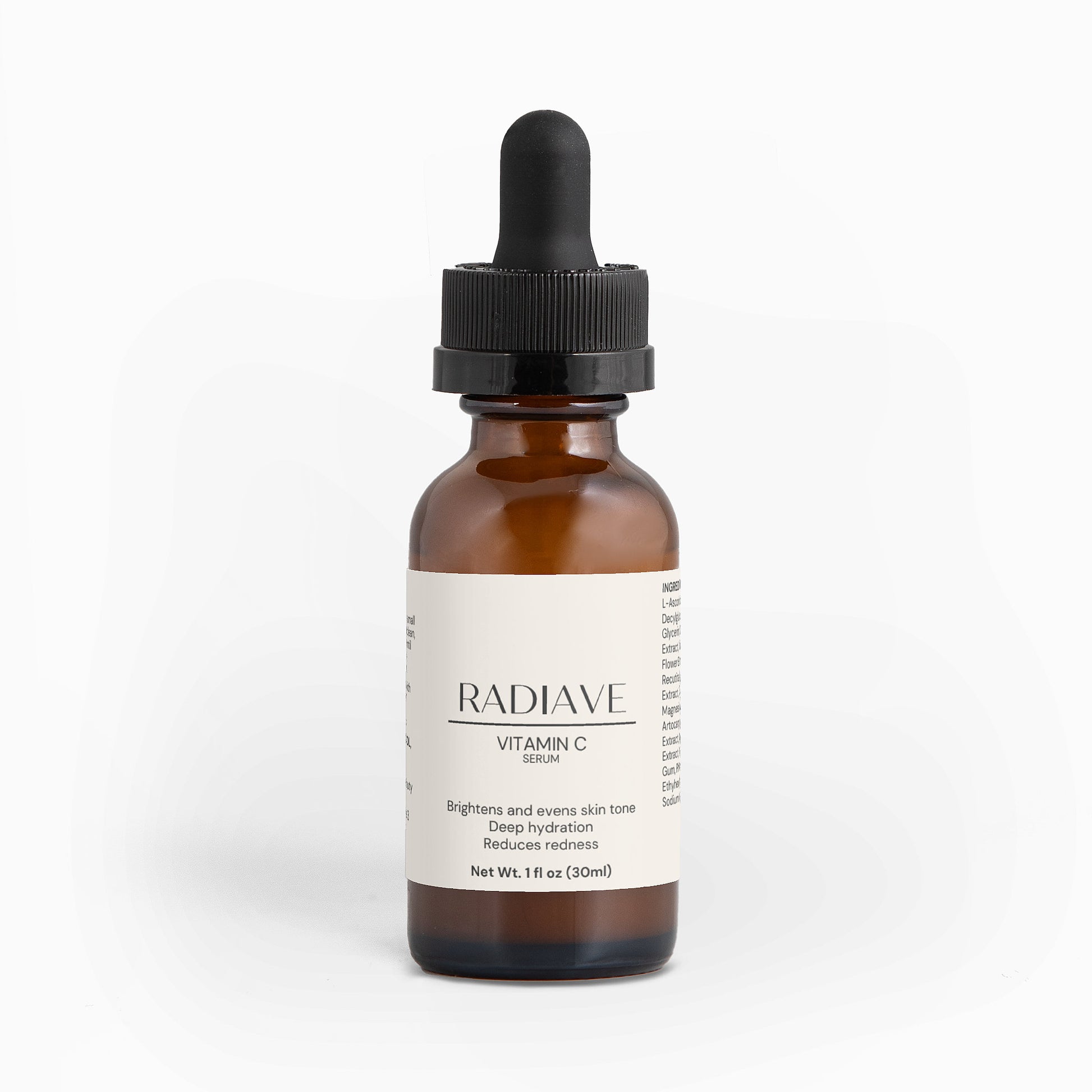 Brown glass bottle with dropper labeled 'Radiave' on a white background