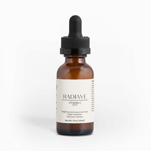 Brown glass bottle with dropper labeled 'Radiave' on a white background
