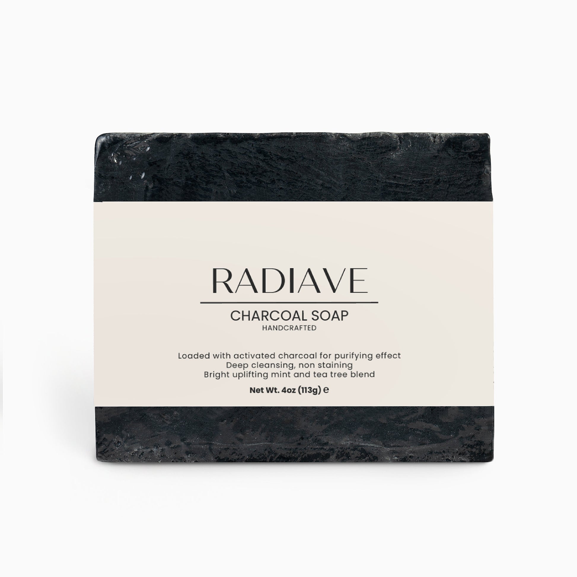 Radiave charcoal soap bar on a white background
