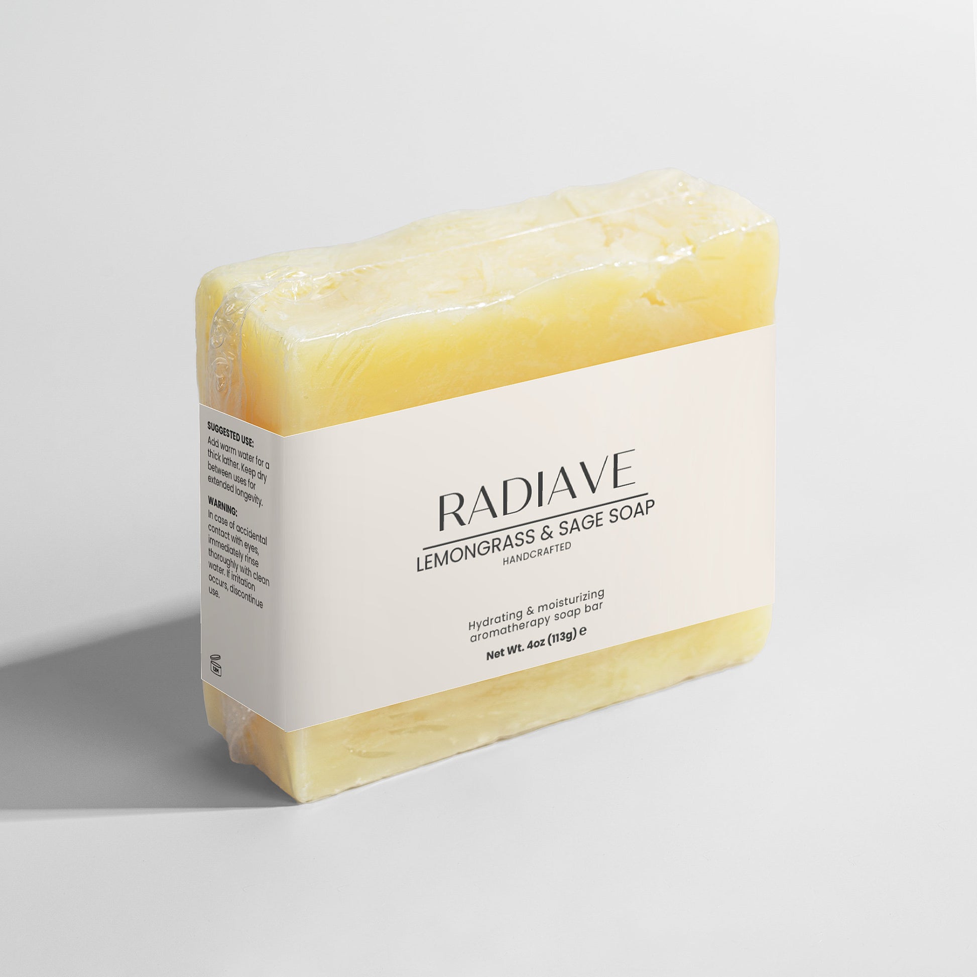 Radiave Lemongrass & Sage soap bar on a light gray background