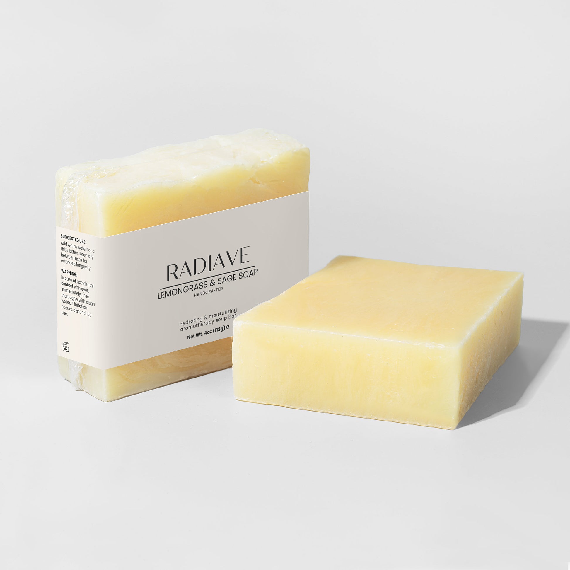 Radiave lemongrass and sage soap bar on a light gray background